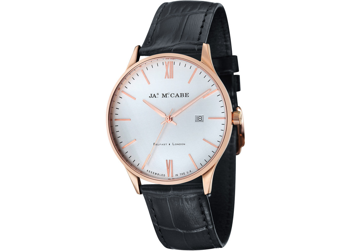 Black Leather Strap, Rose Gold Plated Case, Silver White Dial James McCabe Men's Watch